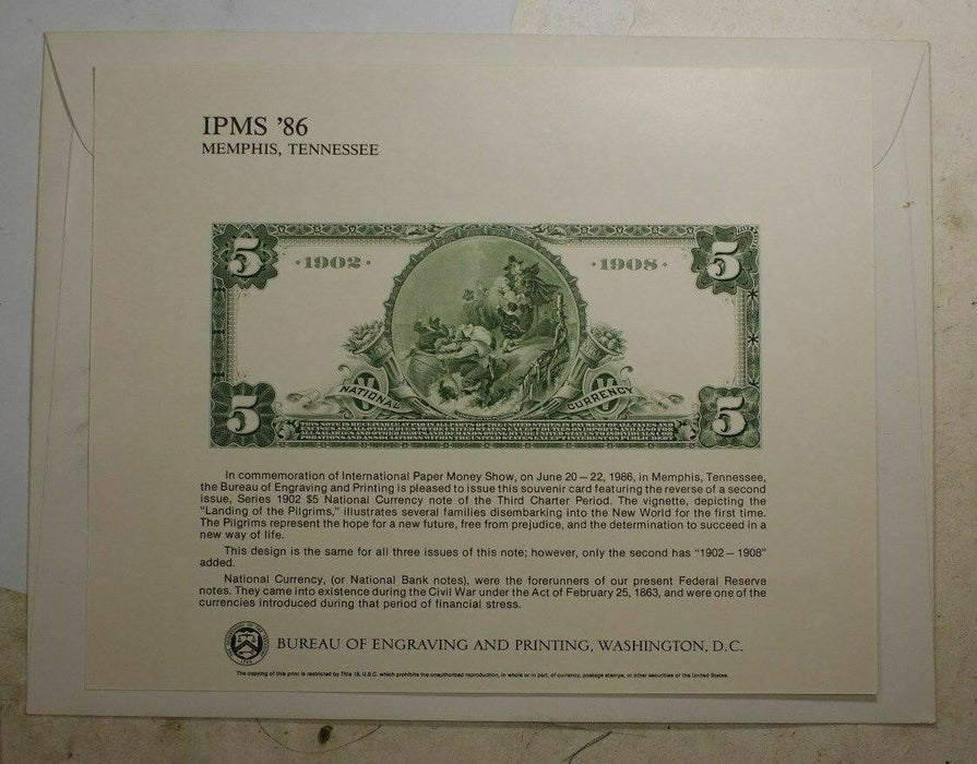 BEP souvenir card B 93 IPMS 1986 back 1902 $5 DB National Bank Note Pilgrims