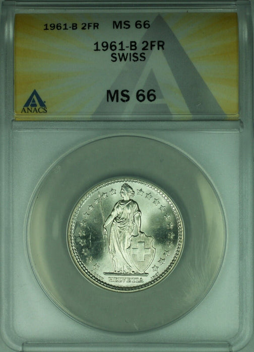 1961-B Switzerland Swiss 2 Franc Silver Coin ANACS MS-66