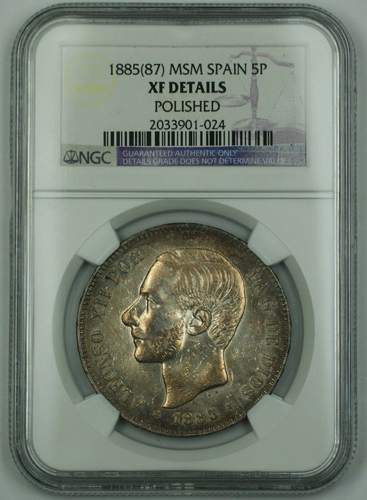 1885 (87) MSM Spain 5 Peso Silver Coin NGC XF Details Polished (Better Coin) AKR