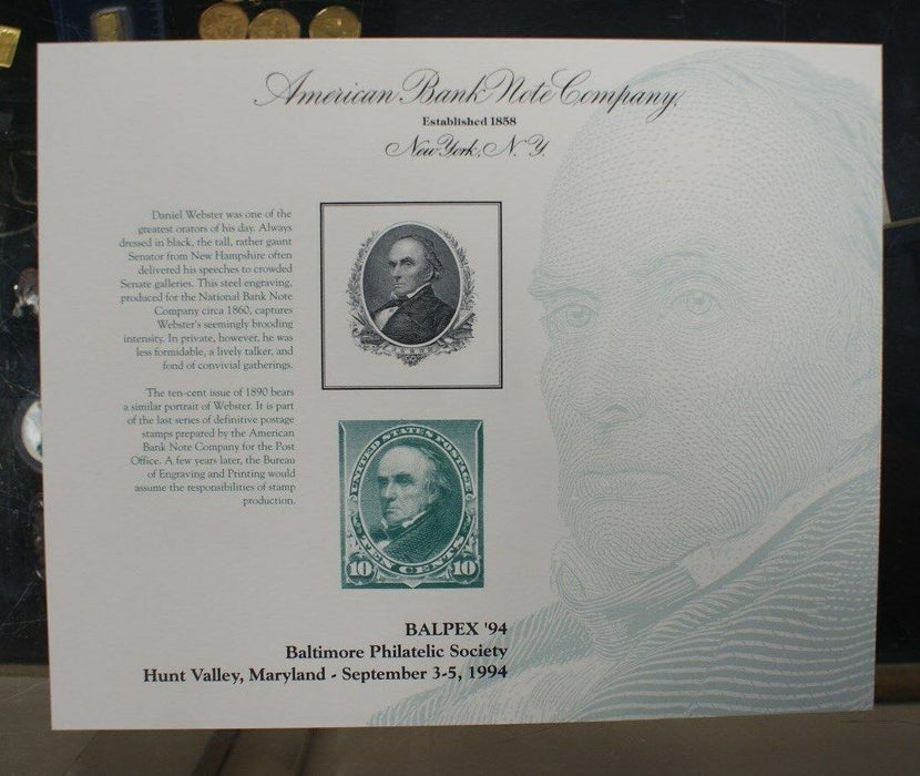 SO 134 Souvenir card Balpex 1994 Daniel Webster portrait from 1890 10¢ stamp