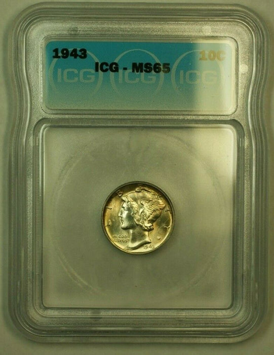1943 Silver Mercury Dime 10c Coin ICG MS-65 (2N) Nearly Full Bands