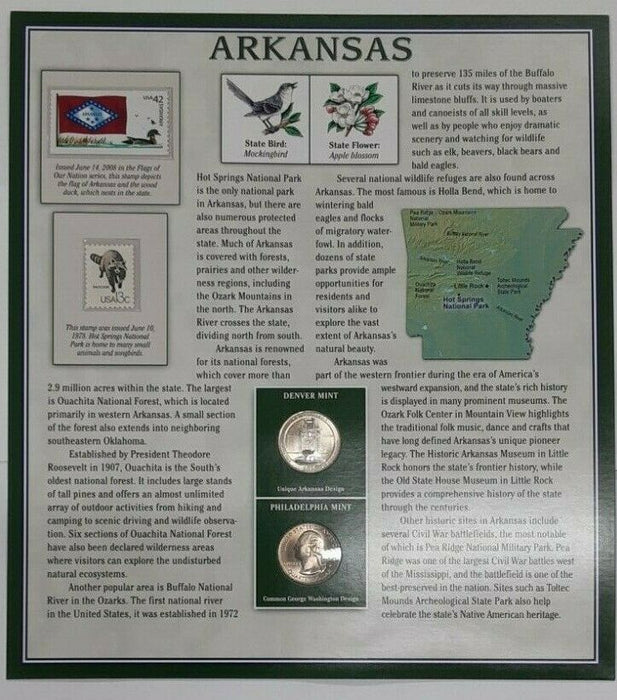 2010 Arkansas Hot Springs National Park Quarter P&D w/2 Stamps on Display Card