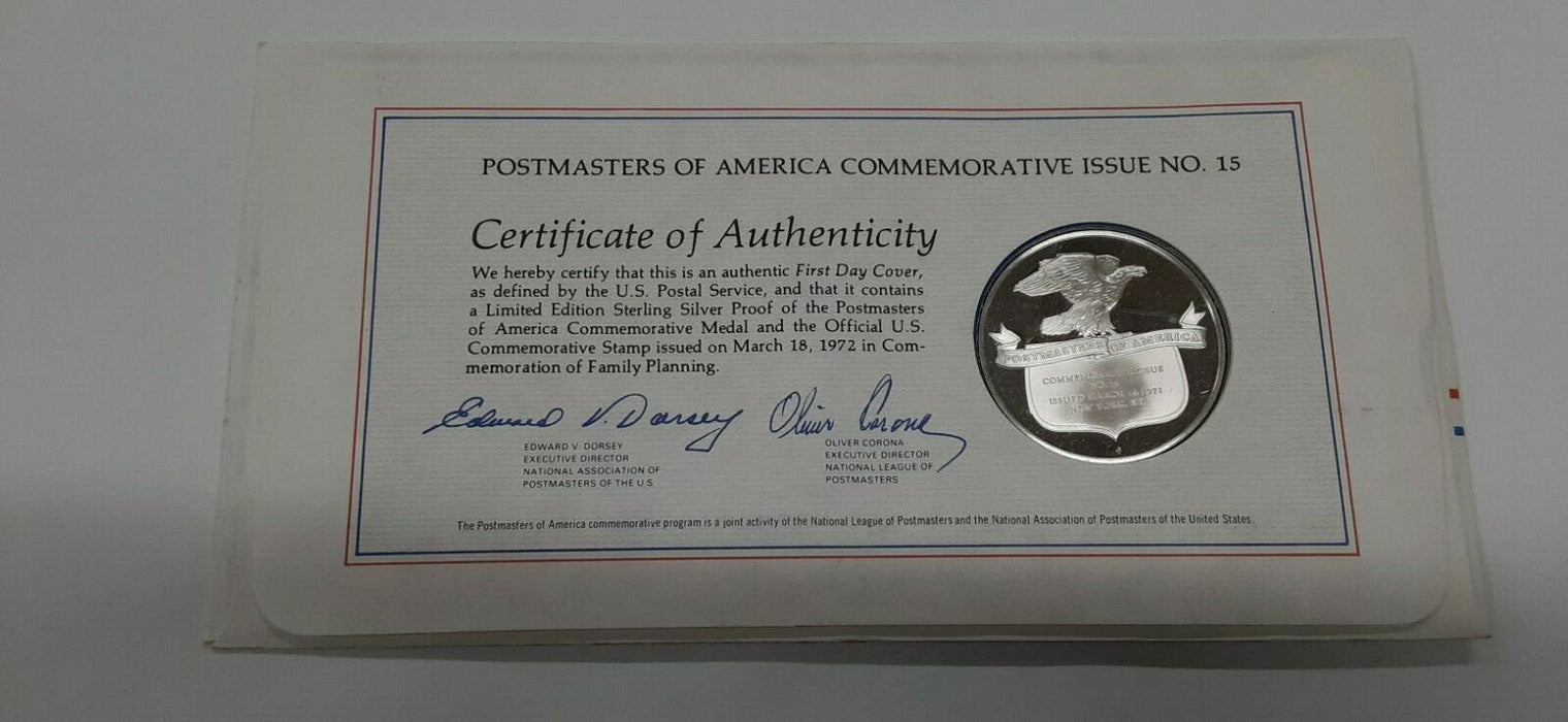 1972 Postmasters Of America Commemorative Silver Medal  Family Planning