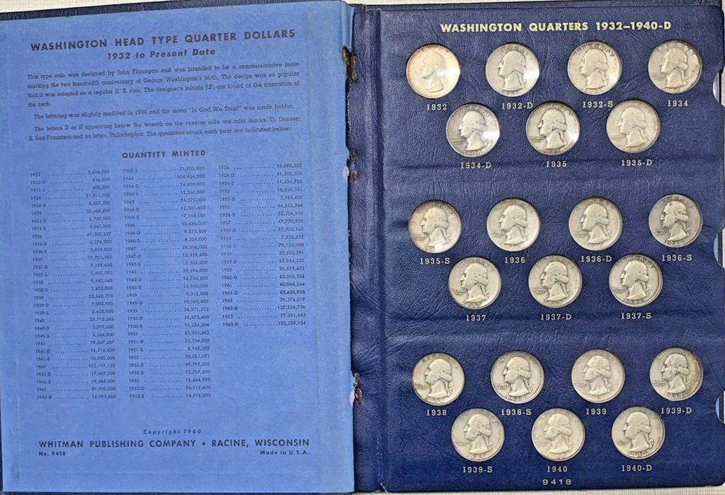 1932-1964 Washington Silver Quarter Complete Set-Whitman Deluxe Coin Album (N)