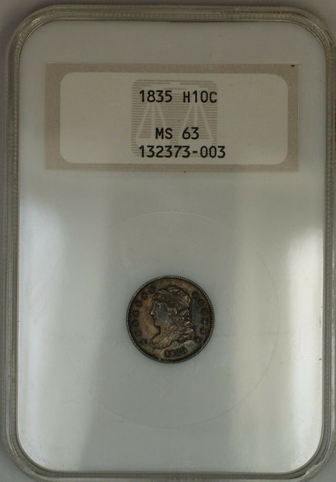 1835 Capped Bust Silver Half Dime 5c Coin Old NGC Holder Raised Logo MS-63 Toned