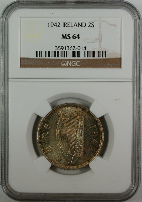 1942 Ireland Two Shilling, NGC MS-64, Toned