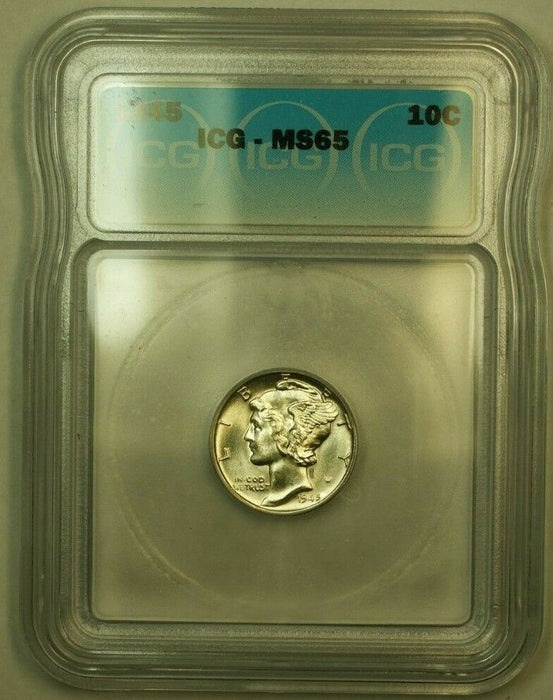 1945 Silver Mercury Dime 10c Coin ICG MS-65 R