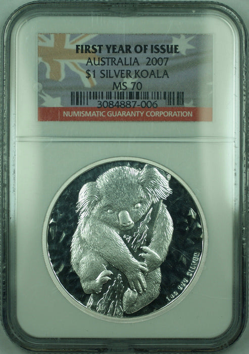2007 Australia Silver 1 Oz Koala $1 Dollar Coin NGC MS-70 First Year Issue (E)