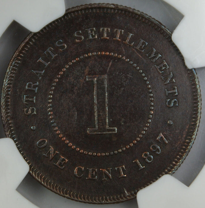 1897 Straits Settlements Cent, NGC AU Details, Obverse Damage, UK Penny