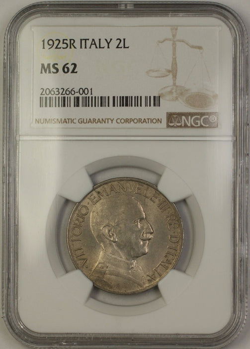 1925R Italy 2L Two Lire Coin NGC MS-62