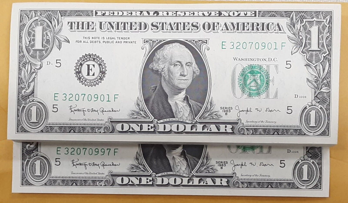 Lot of 97 1963-B $1 FRN's Barr Notes-Consecutive S/Ns Crisp UNC - See photos.