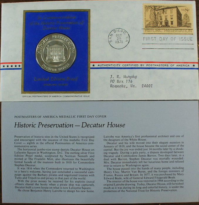 Preservation Decatur House Commemorative Medal, Silver