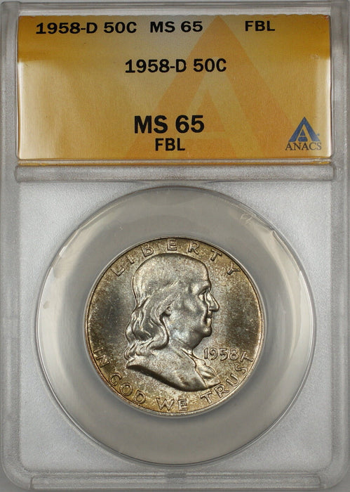 1958-D Silver Franklin Half Dollar Coin ANACS MS-65 FBL Toned Gem