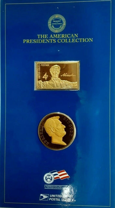 USPS Presidents Collection .999 Fine Silver Gold Plated Stamp/Medal  A. Lincoln