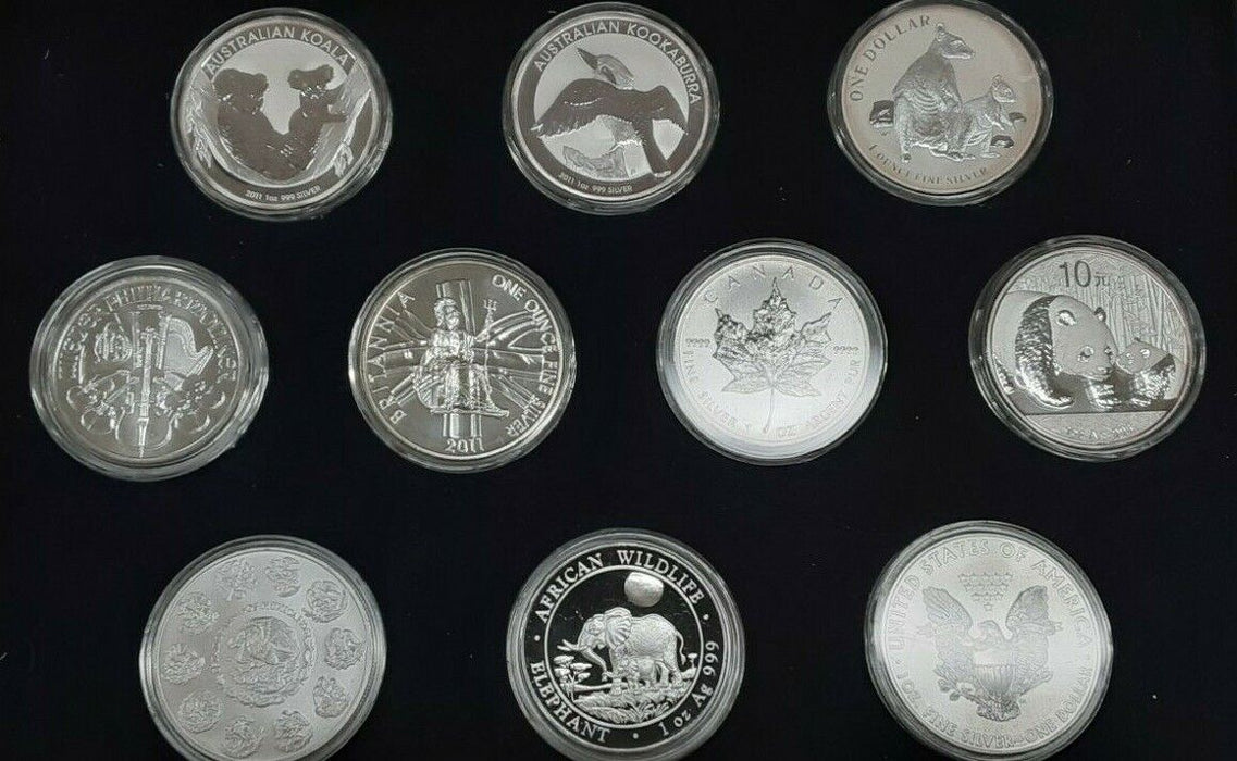 2011 Ten Coin International Silver Bullion Coin Set - All BU in Display Case