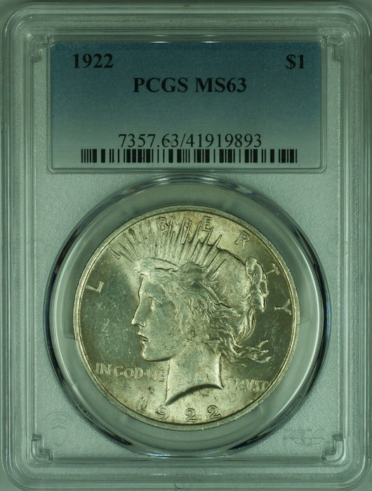 1922 Peace Silver Dollar S$1 PCGS MS-63 Lightly Toned  (35B)