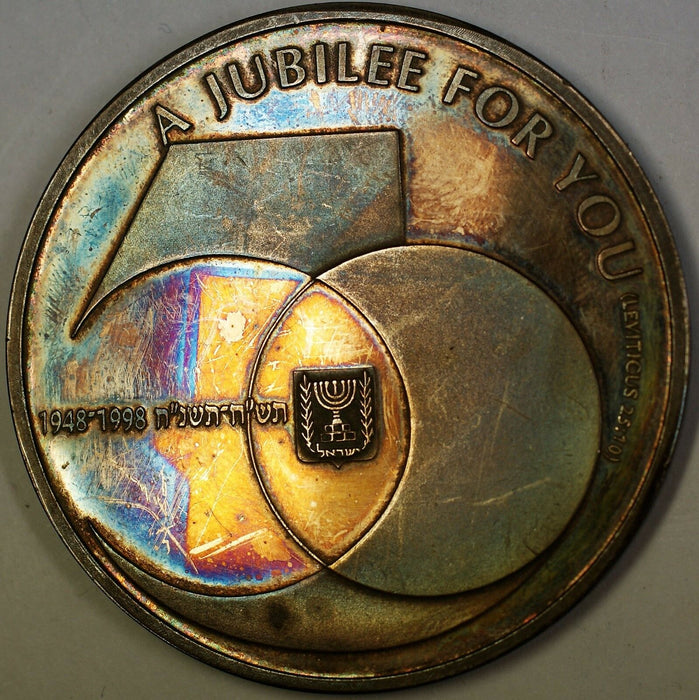 1948-1998 Israel 9999 Fine Silver 50 Jubilee State UNC Medal Rainbow Toned
