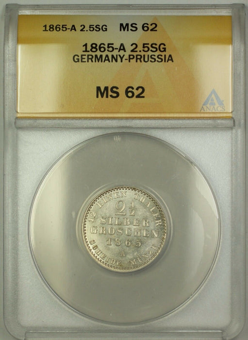 1865-A Germany-Prussia 2.5SG Silver Groschens Coin ANACS MS-62