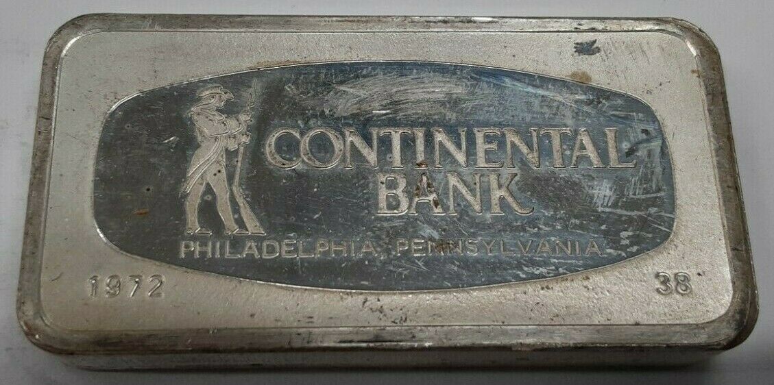 1000 Grain Sterling Silver Ingot, Continental Bank of Philadelphia, PA #38
