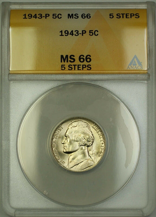 1943-P 5 Steps U.S. Wartime Silver Jefferson Nickel 5c Coin ANACS MS-66 (B)