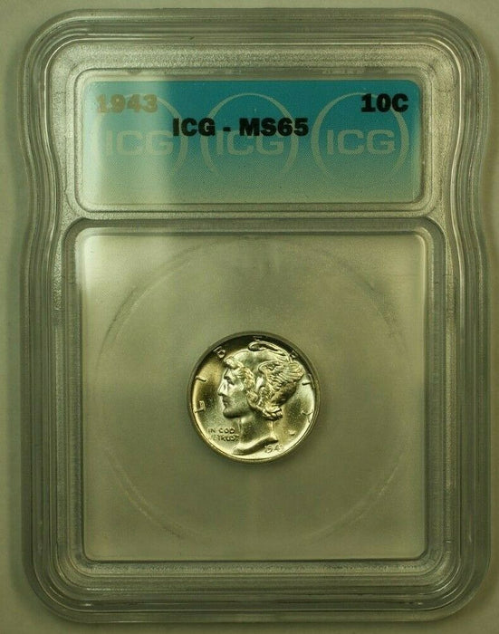 1943 Silver Mercury Dime 10c Coin ICG MS-65 W Nearly Full Bands