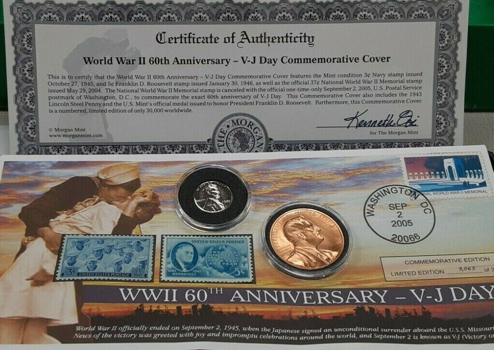 WWII 60th Anniversary of V-J Day FDC 9/2/2005 Stamp W/Steel Cent & FDR Medal