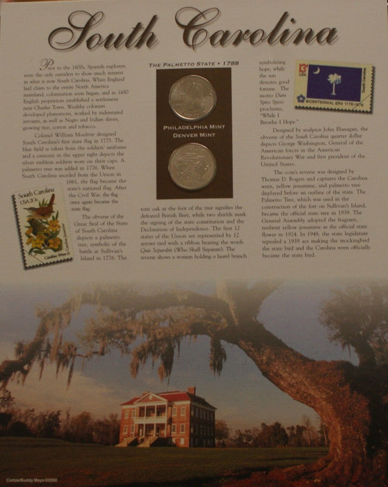 South Carolina 2000 P&D Quarter for Anniversery of Statehood Bonus Stamp