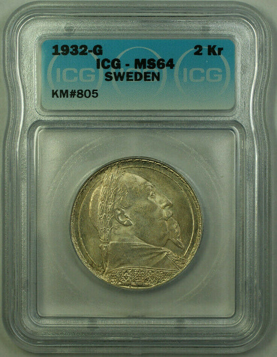 1932-G Sweden Death of Gustaf II Adolf 2 Kroner Coin ICG MS-64 KM#805