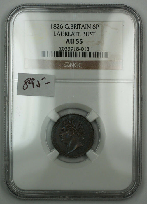 1826 Great Britain Sixpence 6P Silver Coin Laureate Bust NGC AU-55 AKR