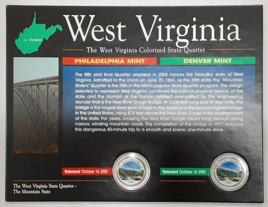 (2) 2005 West Virginia Colorized State Quarter P&D-BU-w/Colorful Display Card