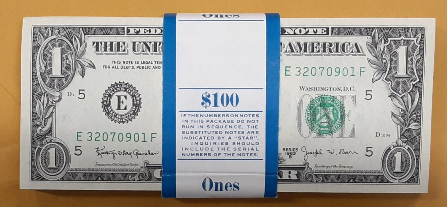 Lot of 97 1963-B $1 FRN's Barr Notes-Consecutive S/Ns Crisp UNC - See photos.