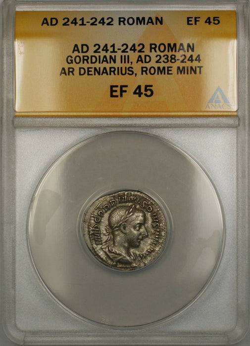 AD 241-242-Rome Silver Denarius Ancient Roman Coin Gordian III ANACS EF-45 SB