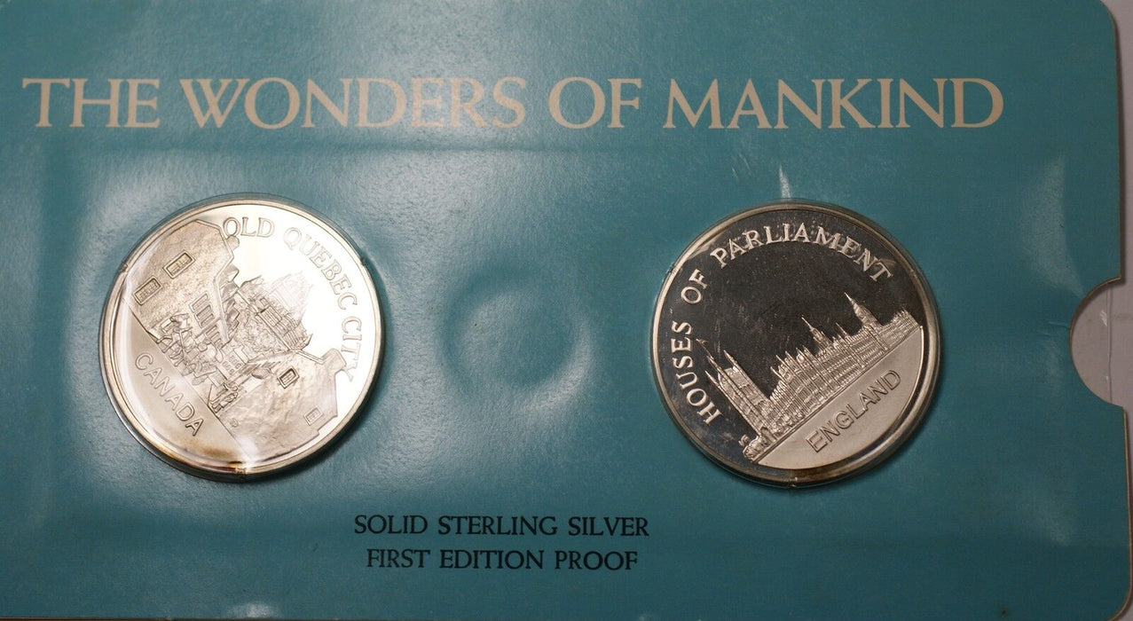 Old Quebec & Houses Parliament Solid Sterling Silver Proof Medals Franklin Mint