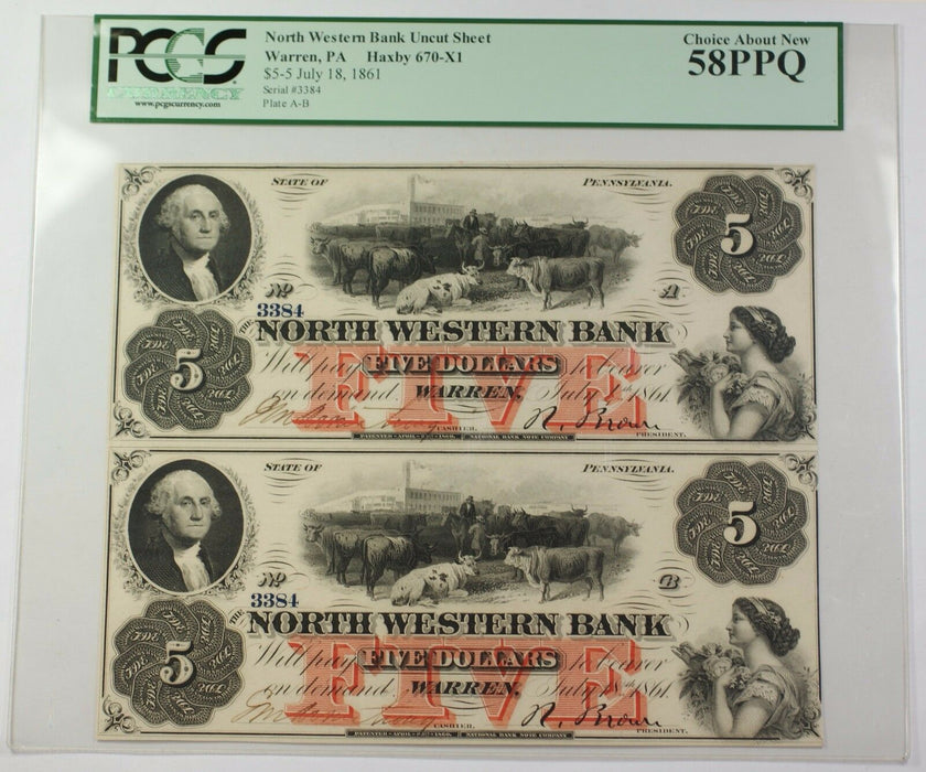 1861 North Western Bank, PA $5 Uncut Sheet Haxby 670-X1 PCGS Ch About New 58 PPQ