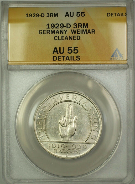 1929-D Germany-Weimar Silver 3RM Reichmarks Coin ANACS AU-55 Details Cleaned