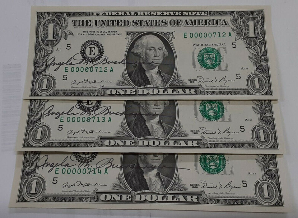 1981 $1 FRNs Angela Buchanan Autographed 14 Consecutive LOW S/Ns Richmond Dist.