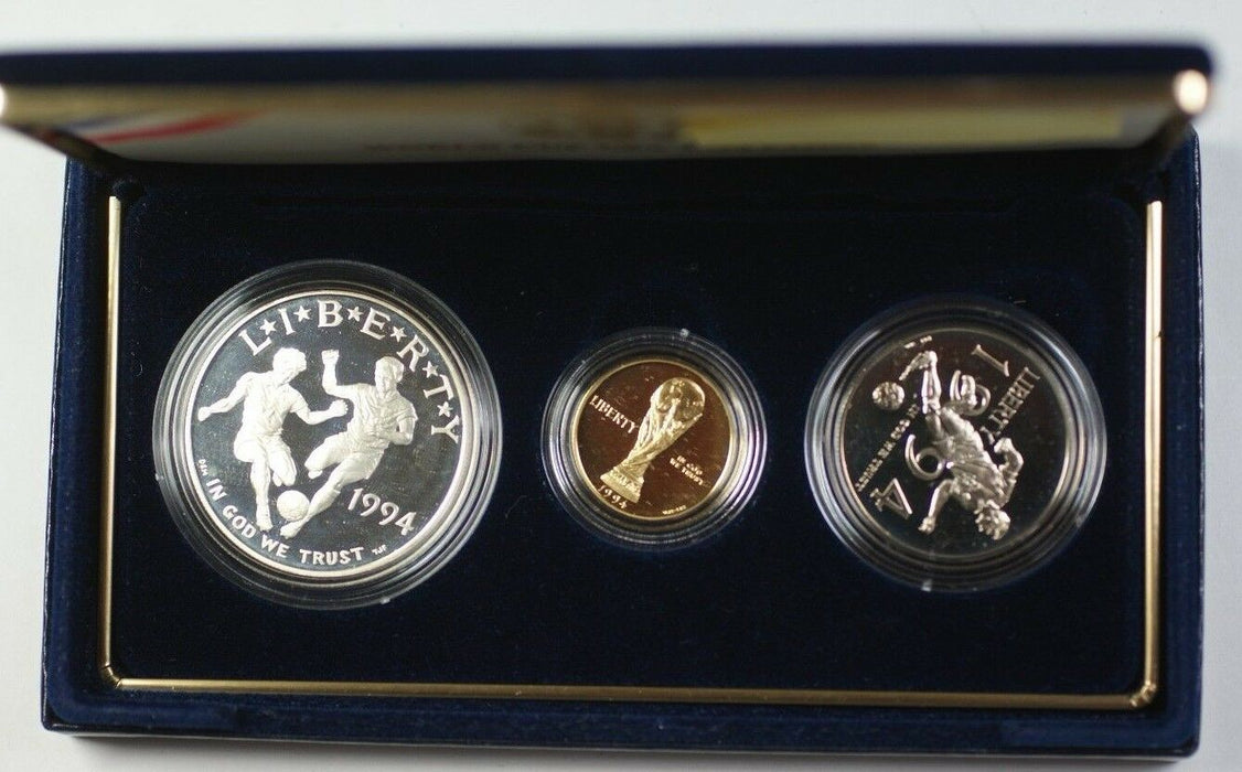 1994-W Gold $5 & S Silver $1 & 50 Cents World Cup 3 Coin Proof Set in OGP JAH