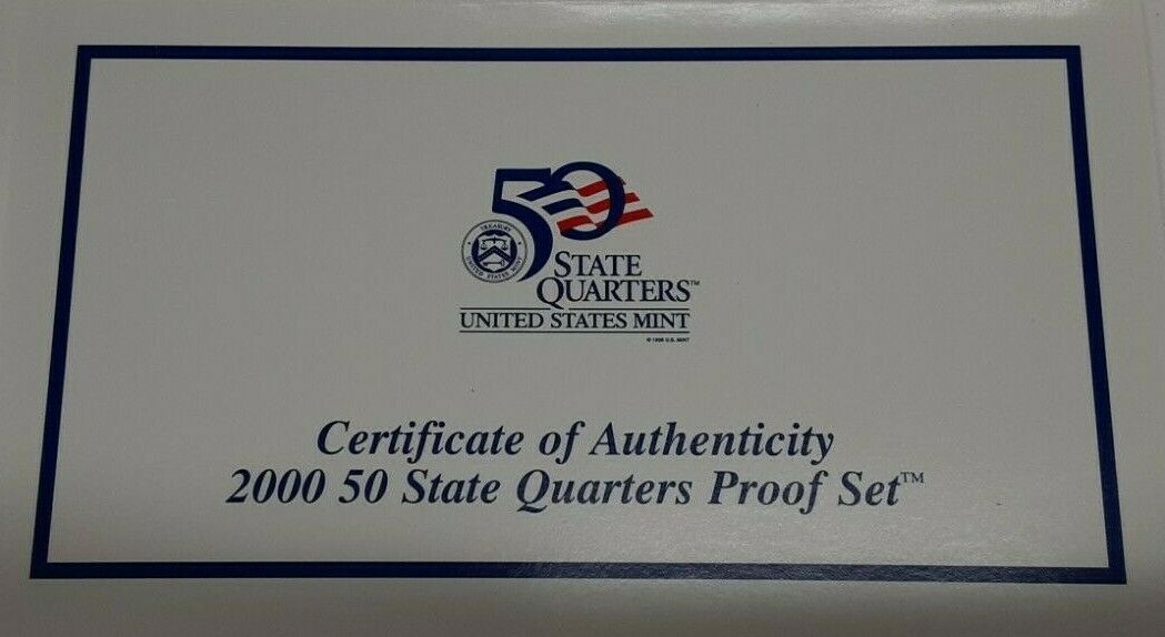 2000-S US Mint Clad Proof State Quarters Set 5 Gem Coins In OGP w/Box & COA
