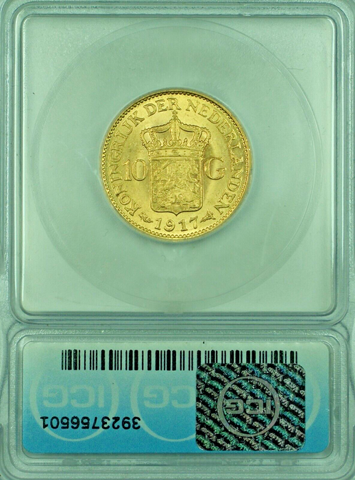 1917 Netherlands Gulden Gold Coin ICG MS 63