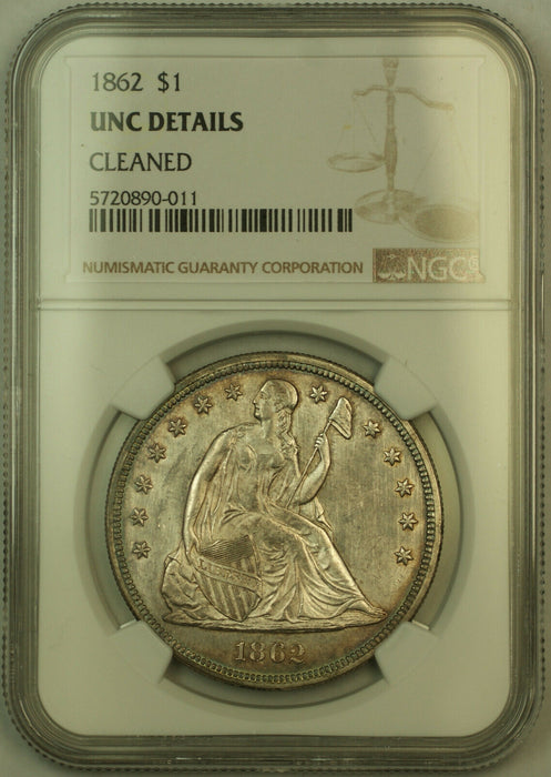 1862 Seated Liberty Silver Dollar NGC UNC Details Choice BU *Very Scarce* (KH)