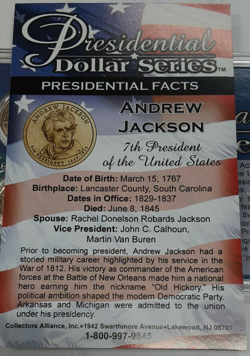 2008 P & D Andrew Jackson Presidential $1 Coins Uncirculated in Case w/COA