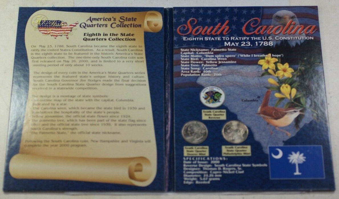 3 South Carolina Quarters P & D 1 Colorized In Beautiful Folder W/ Info About SC