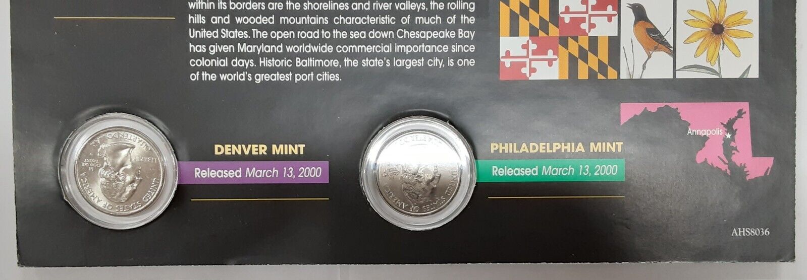 (2) 2000 Maryland Colorized State Quarter P&D-BU-w/Colorful Display Card