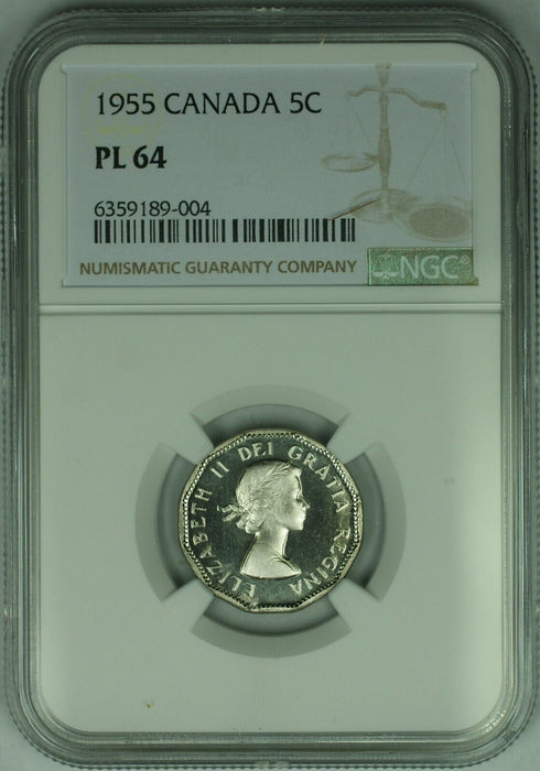 1955 Canada 5 Cent Coin NGC PL-64