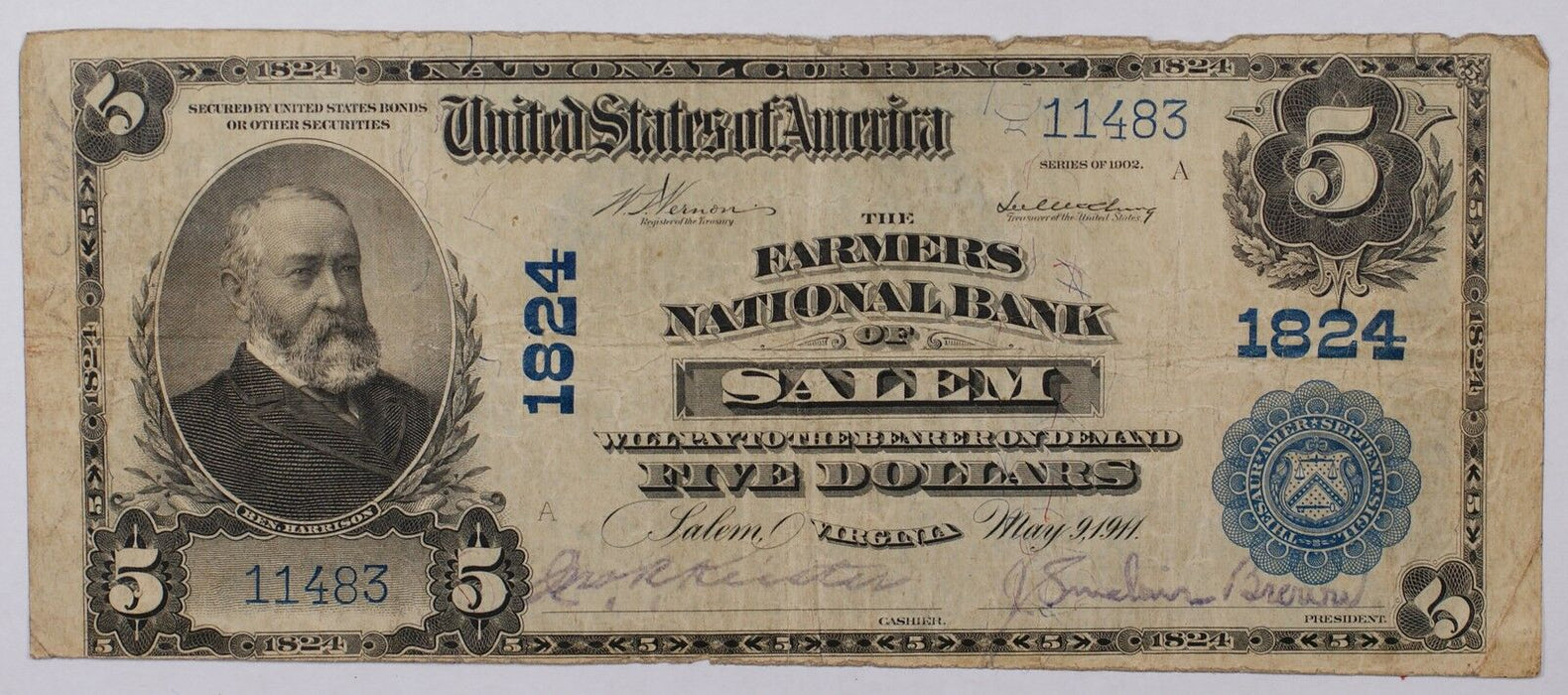 1902 $5 U.S. National Currency Banknote Farmers Salem VA **3rd Issue, 2 Known**