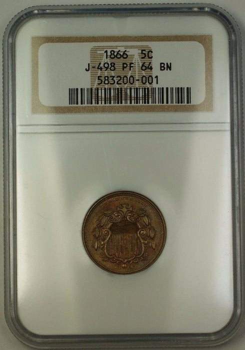 1866 Shield Nickel Pattern Proof 5c Copper Coin NGC PF-64 BN J-498 Judd WW