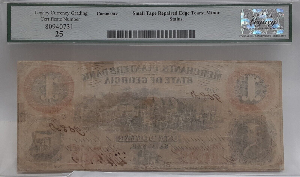 1859 Merchants & Planters Bank of Savannah, GA $1 Note Legacy VF 25 w/Comments