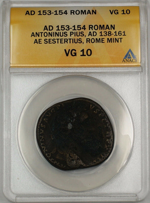 AD 153-54 Roman Rome Mint Antoninus Pius AE Sestertius Ancient Coin ANACS VG-10
