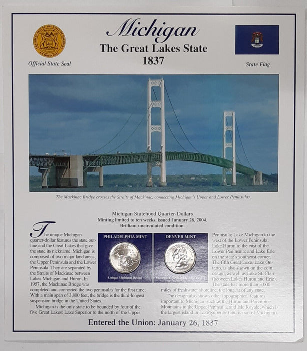 2004 Michigan P&D Quarters/Anniversary of Statehood w/Bonus Stamps On Info Card