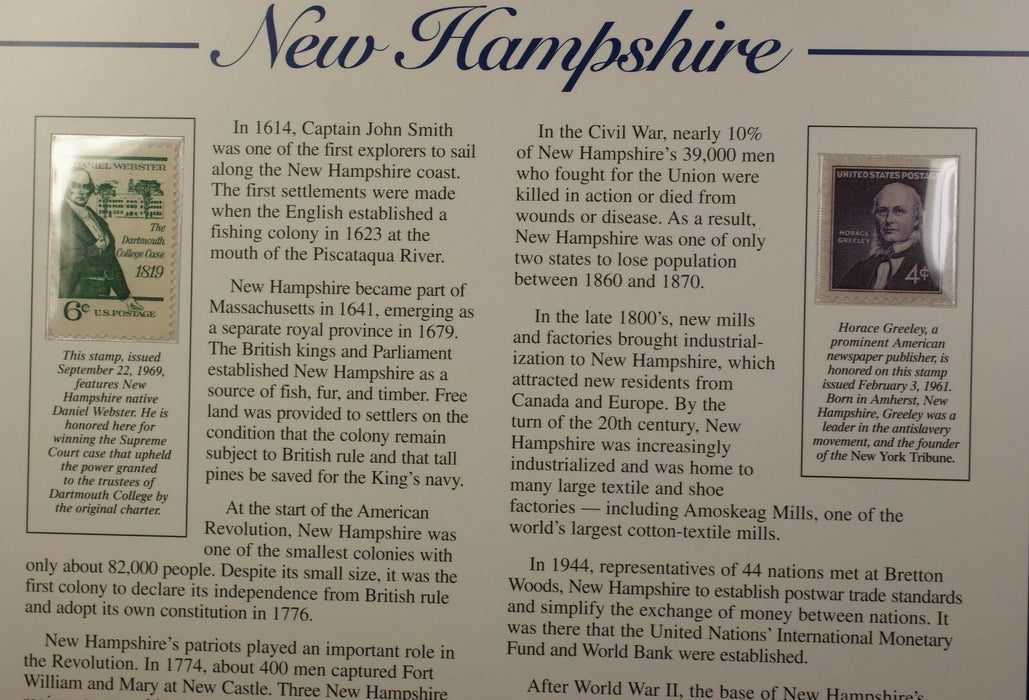2000 New Hampshire P&D Quarter for Anniversary of Statehood Bonus Stamp